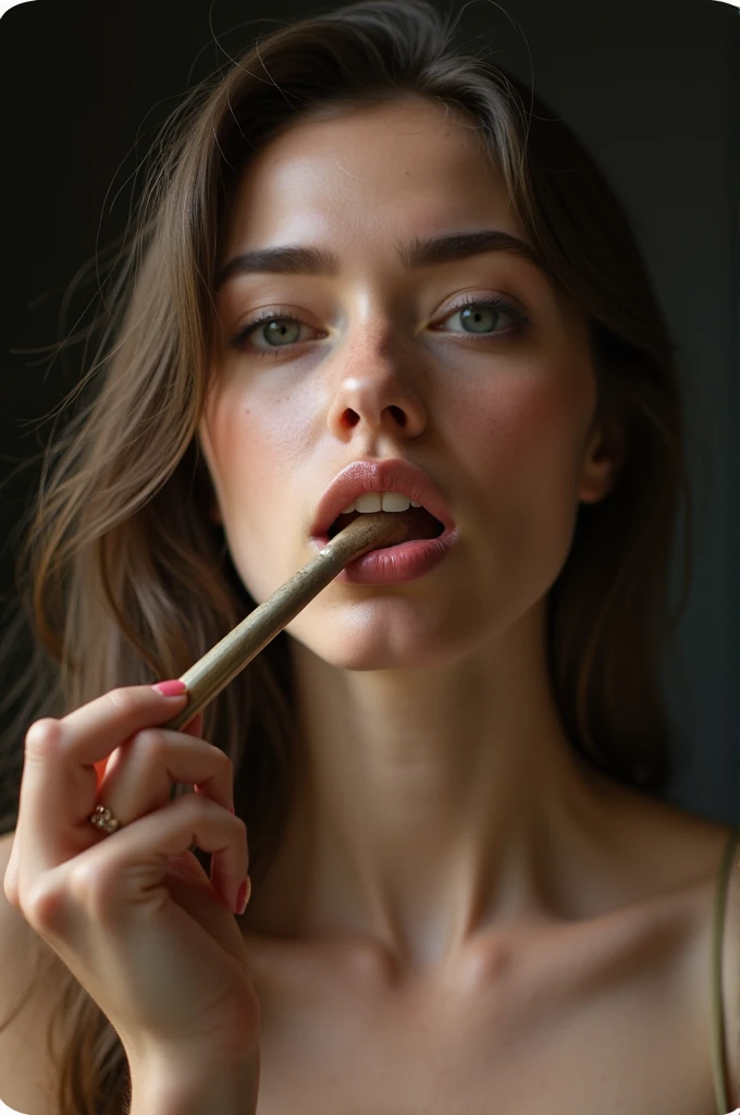 a naked girl, putting a penis deep in her mouth