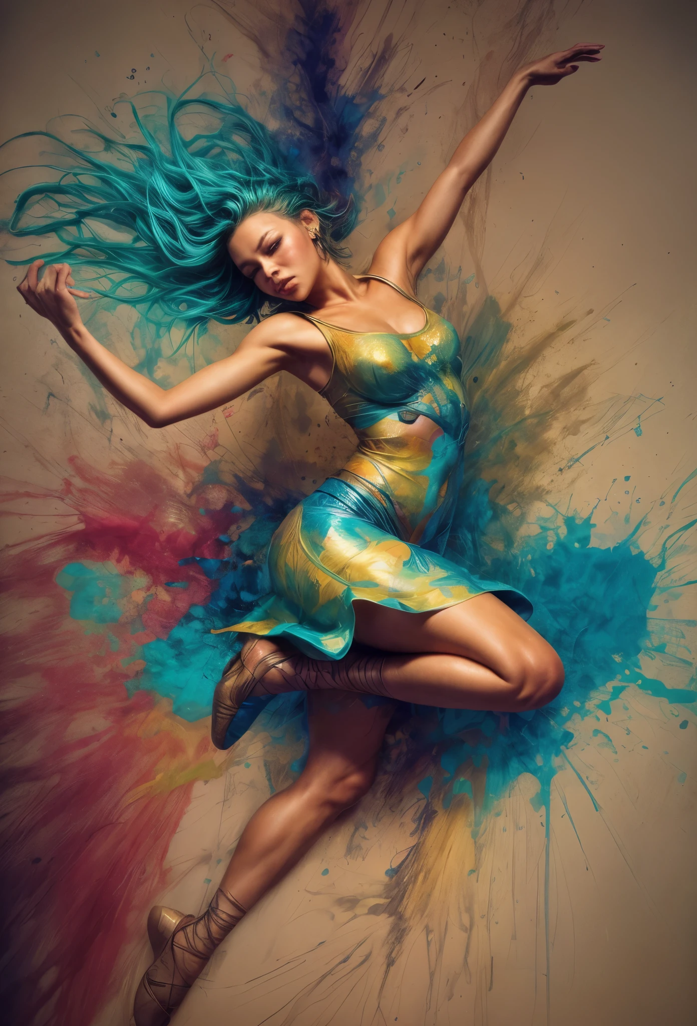A vibrant, abstract ink splatter painting of a dancer in mid-air, surrounded by a swirl of musical notes. 8K, hyper detailed. graffiti art, splash art, street art, spray paint, oil gouache melting, acrylic, high contrast, colorful polychromatic, ultra detailed, ultra quality, CGSociety