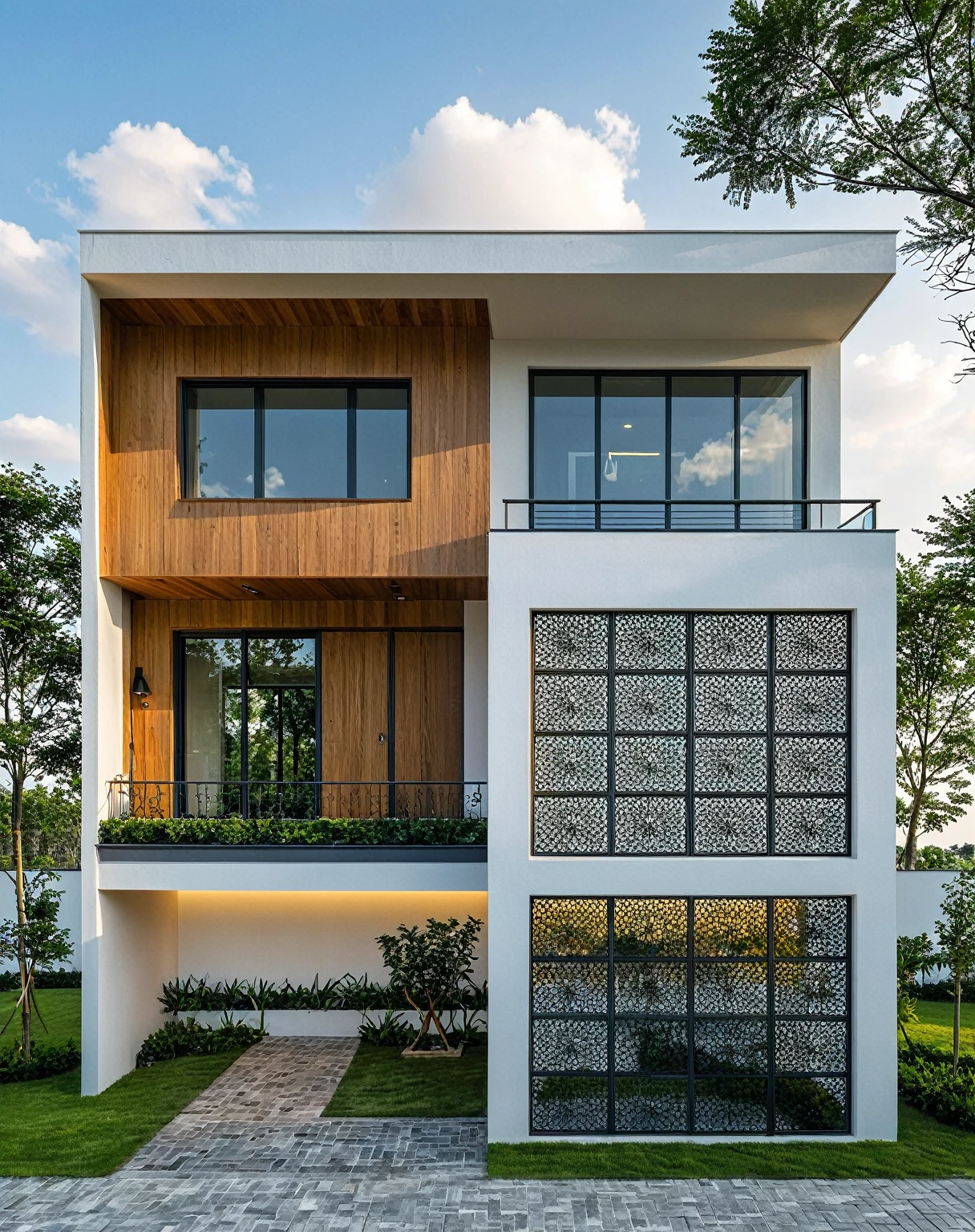 Masterpiece, high quality, best quality, authentic, super detailed, outdoor, aiaigroup, modern townhouse style, stairs, white wall combined with wood, wind encaustic tiles, iron gate, conwood ceiling, flowers, path, summer evening, grass, trees, sky, clouds, (daylight: 1.1)