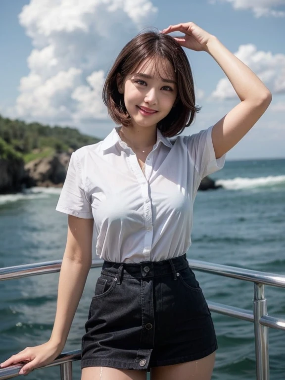 Gray background、pubic hair、Large Breasts、Thighs、Red lipstick、Cute woman、high school girl、White shirt、(Navy blue skirt)、smile、Open chest shirt、(A polka dot shirt that was wet and showed her underwear)、Wet Hair、Gazing at the sea、smile、On the boat、Raising his arms、Looking from below、Cloud、blue sea、Hair tousled by the wind、Short Hair、