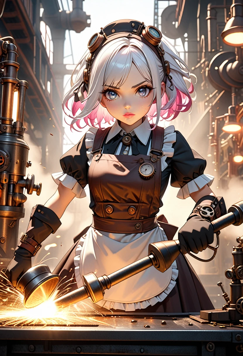 a cute little steampunk girl,extremely detailed steampunk mechanical body,beautiful detailed eyes,beautiful detailed face and lips,short white hair with pink highlights,dirty steampunk apron,sweating and holding a hammer,forging hot iron on a metal table,sparks flying,old industrial steampunk factory background,many steampunk machine tools lined up,spewing steam,hard working girl,determined expression,cowboy shot,highest quality, best quality, 4k, 8k, ultra detailed, physically based rendering, steampunk style, cinematic lighting, fantasy