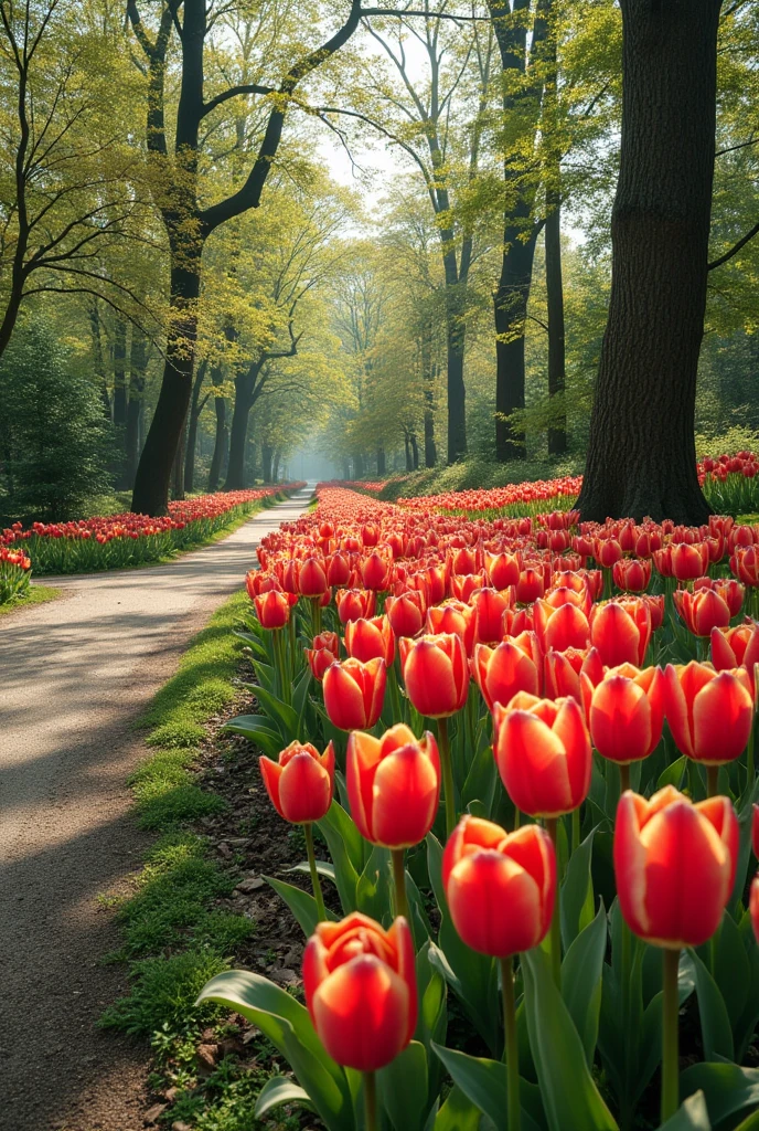 tulip bed near a walkway, in the style of intricate, delicate flower and garden paintings, striped arrangements, Norwegian nature, associated press photo, richly layered, traditional British landscapes, Daniel Garber, 8k, super detail, accurate, best quality