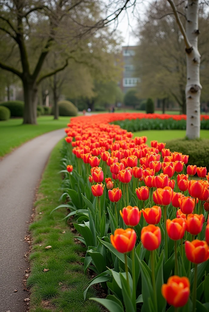 tulip bed near a walkway, in the style of intricate, delicate flower and garden paintings, striped arrangements, Norwegian nature, associated press photo, richly layered, traditional British landscapes, Daniel Garber, 8k, super detail, accurate, best quality
