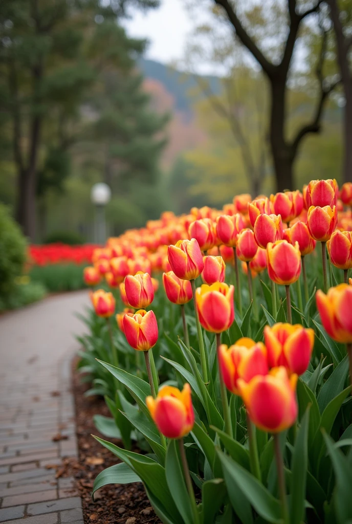 tulip bed near a walkway, in the style of intricate, delicate flower and garden paintings, striped arrangements, Norwegian nature, associated press photo, richly layered, traditional British landscapes, Daniel Garber, 8k, super detail, accurate, best quality