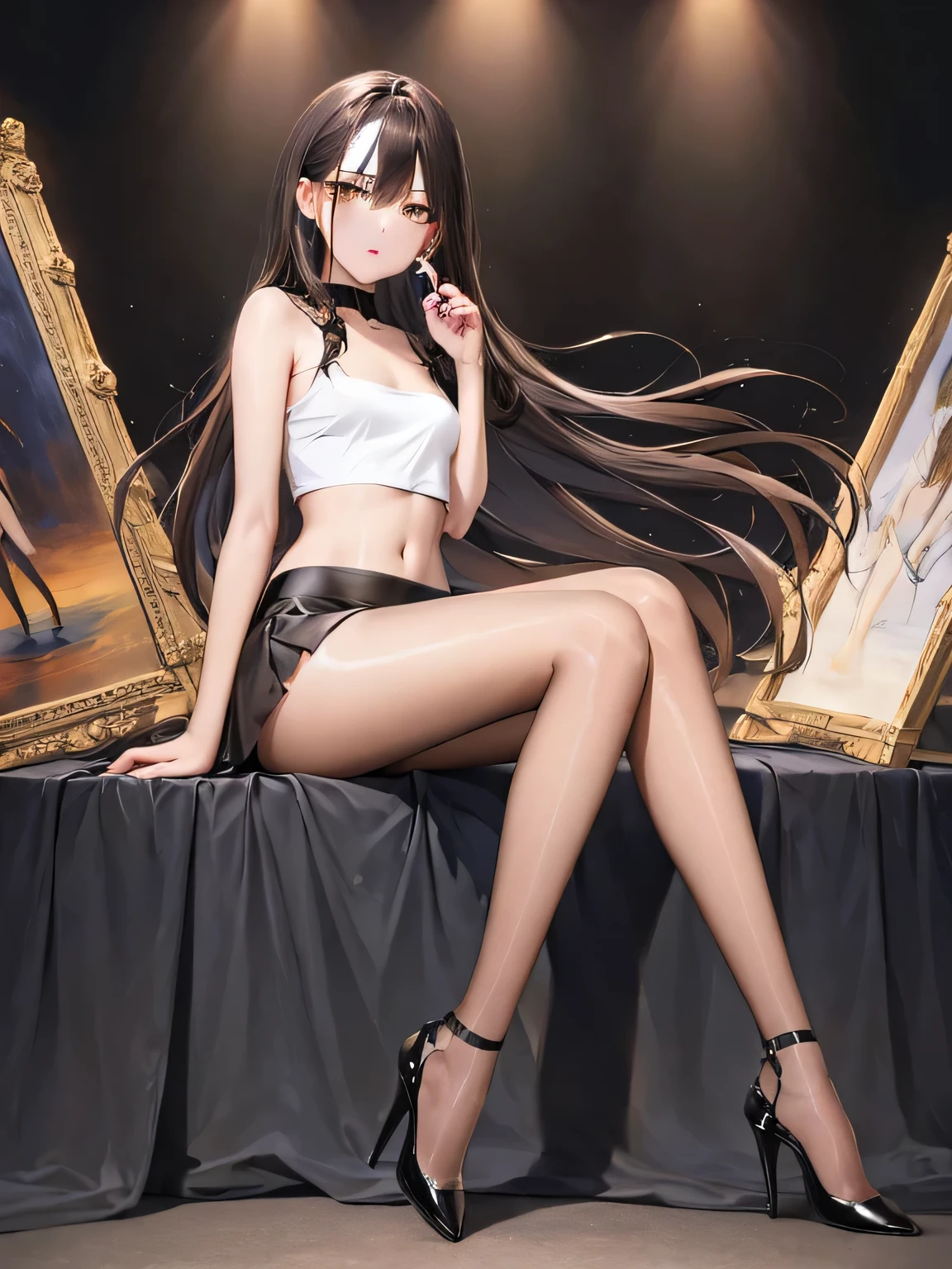 ((Top Quality, 8k, Masterpiece: 1.3)), Sharp Focus: 1.2, Perfect Body Shape Pretty Woman: 1.4, Slender Abs: 1.2, Detailed Eyes, Double Eyelids,real、long legs、full、feminine、white shirt、mini skirt、high heels,very delicate face,rムラムラする女の子、(dark brown eyes:1.2),1 girl、long legs,Silver Hair、Dark brown eyes、Shining Eyes、Crop top、mini skirt、Parted lips、1woman wearing trendy clothes, in an abstract oil painting style, fashion show, The painting is ultra-high detailed and has a resolution of 8k, showcasing the best quality,creating a mysterious atmosphere , luminous design, vivit colours,spring lights,Artistic,azure, red, (Bare legs:1.1), (black high heels), black short skirt