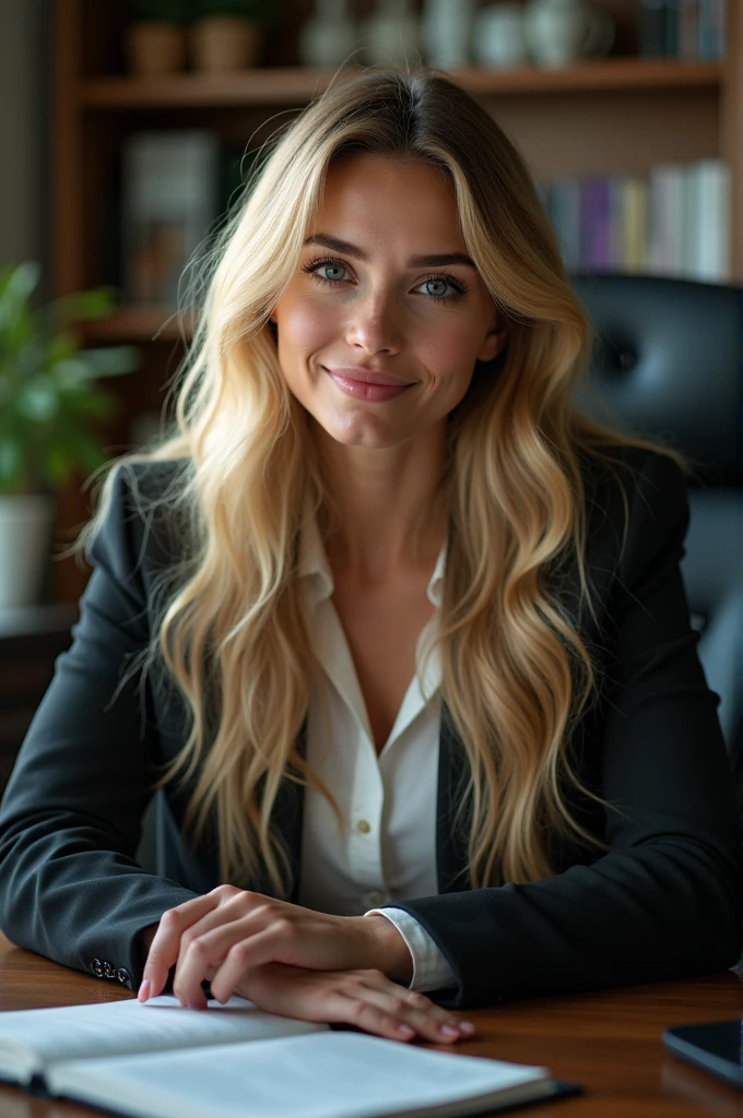 a beautiful girl with long blonde hair, detailled eyes, nose, and lips, wear a professional outfit, Sitting in your office, with your computer, hp computer (best quality,4K,8k,highres,masterpiece:1.2),Ultra-detail,(realisti,photorealisti,photo-realisti:1.37),HDR,studio lighting,Extremely detailed face and body, portrait,cinematic lighting,dramatic lighing,warm colors,dramatic colors