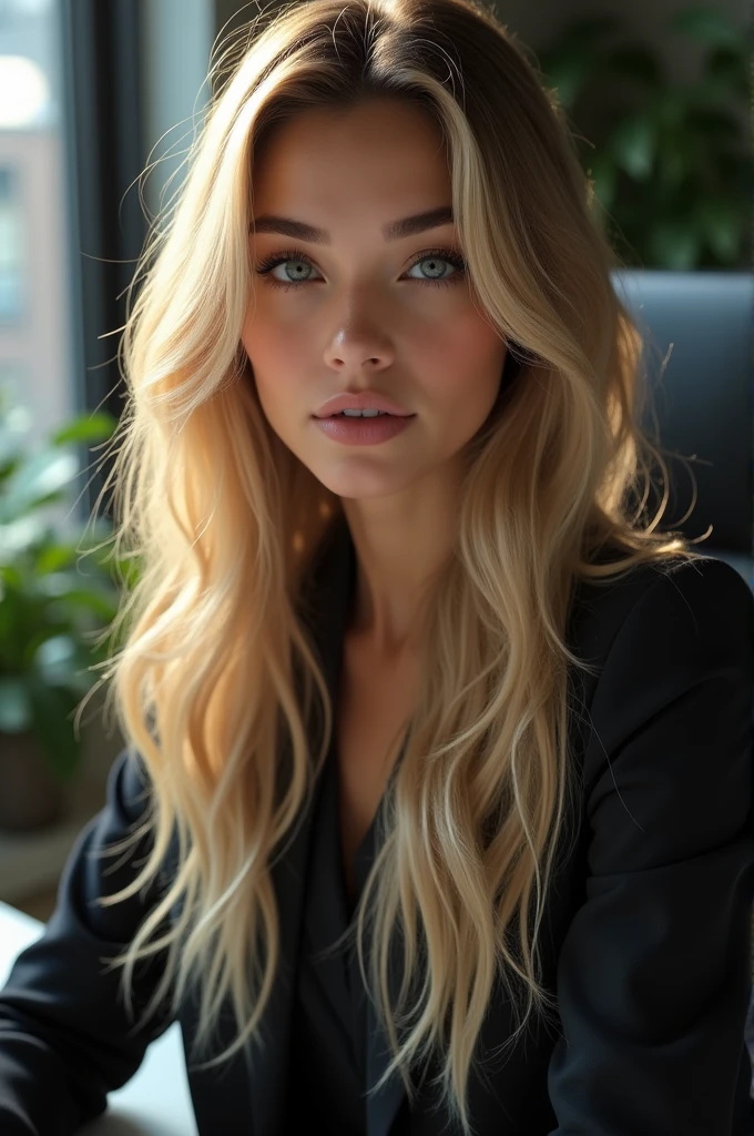 a beautiful girl with long blonde hair, detailled eyes, nose, and lips, wear a professional outfit, Sitting in your office, with your computer, hp computer (best quality,4K,8k,highres,masterpiece:1.2),Ultra-detail,(realisti,photorealisti,photo-realisti:1.37),HDR,studio lighting,Extremely detailed face and body, portrait,cinematic lighting,dramatic lighing,warm colors,dramatic colors