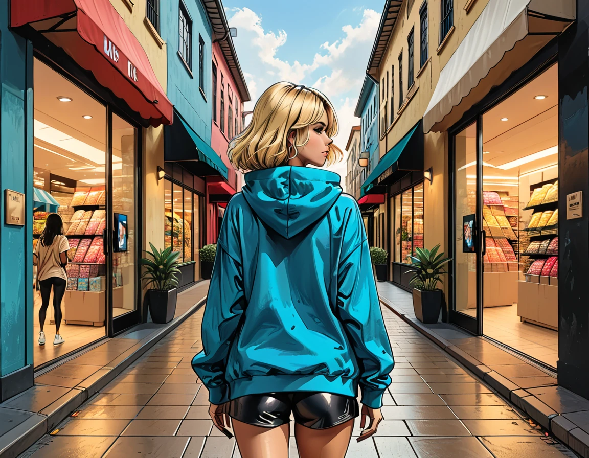 ((back view)),outside, (girl in front of the building), girl in Blue oversized hoodie and black Elastic shorts entering a shopping center, ((frontal view of the shopping center)), automatic doors opening, tropics, multi-story building, people walking with packages, clothing stores,   adult, [Nordic], Hourglass elongated fitness body, perfect Olive skin, Rounded shoulders, perfect hand, Short blonde Waves pixie hair,   graphic style of novel comics, perfect hands, 2d, 8k, hyperrealism, masterpiece, high resolution, best quality, ultra-detailed, super realistic, Hyperrealistic art, high-quality, ultra high res, highest detailed, lot of details, Extremely high-resolution details, incredibly lifelike, colourful, soft cinematic light,    no face,