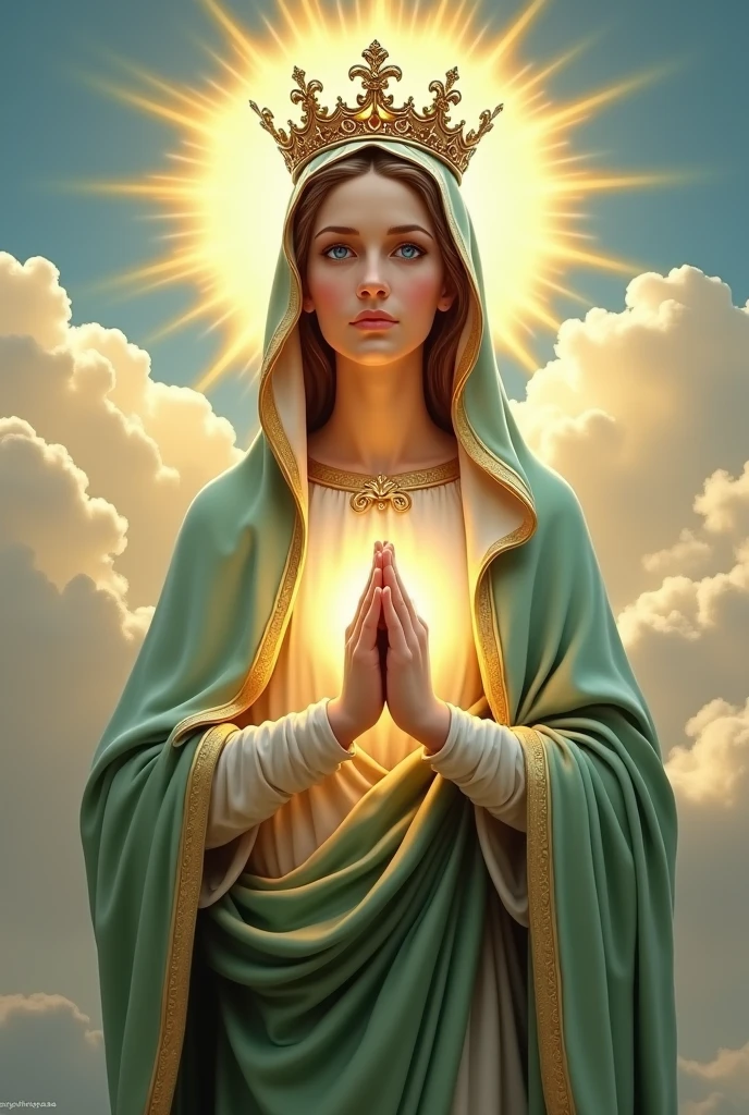 Perfect hand 5 finger, Portrait of a beautiful virgin mary wearing lime clothes of queen with the queen crown shining the light from her head and heart all over in the clouds, virgin mary, real blue eyes, sunny day, intricate details.real virgin mary, straight head face, Straight body.Prayer virgin mary, perfect full body, perfect hands finger,Prayer virgin mary, praying virgin mary backgrounds natural photographic