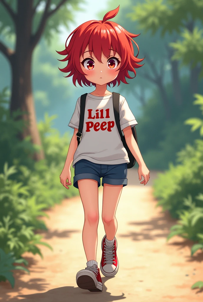 Short red hair anime girl walking with clothes that say Lill Peep