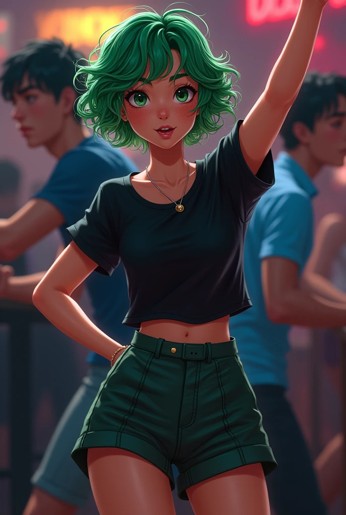 My hero academia Girl with short curly green hair,He has emerald green eyes, has freckles on his face, clear skin ,She is wearing a black t-shirt with dark green shorts and a skirt, She is in a night bar drunk dancing together with a guy with black hair and a blue shirt