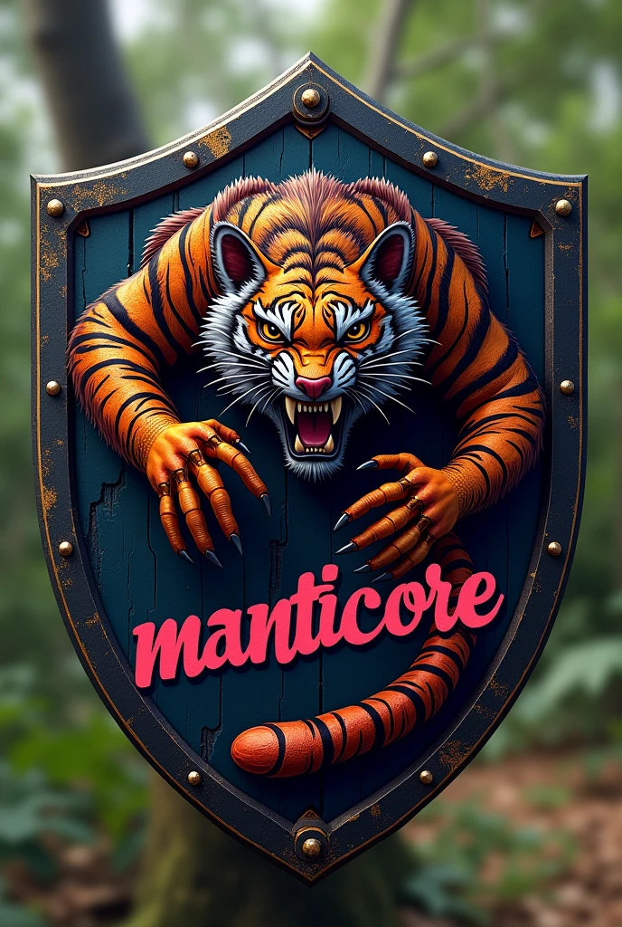 shield de equipo deportivo campamento con una mantícora (tiger body with scorpion tail) and that it has manticore written on it that is pink with orange (shield)