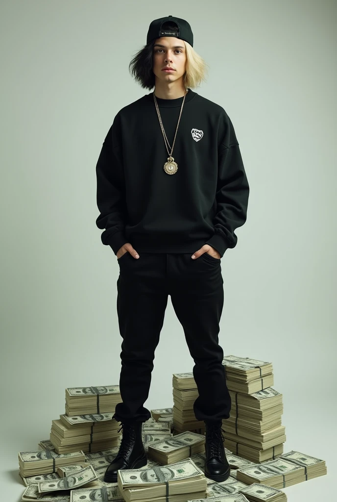 Make a album photo with a man standing on 100k in cash and make the guy light skin with split dye hair one side black one side blonde with a middle part with white sox base ball hat wearing it backwards and have each side of the hair fluffy  looking  mysterious 5,10 wearing all back with chrome hearts clothing