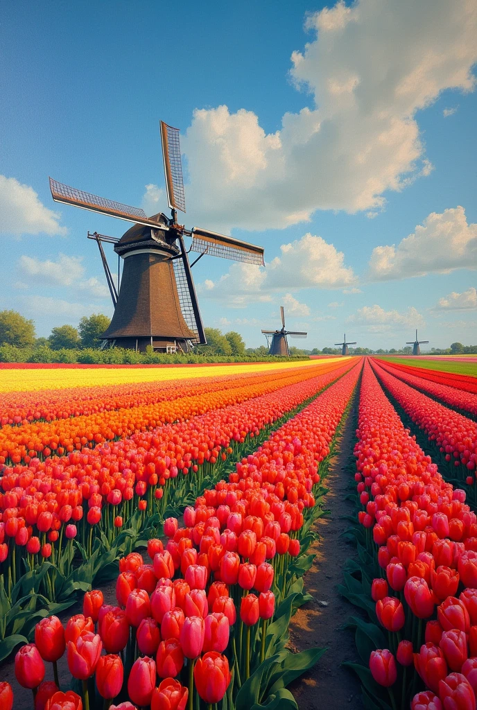 A masterpiece of canvas in the style of Claude Monet,Tulip fields in the Netherlands