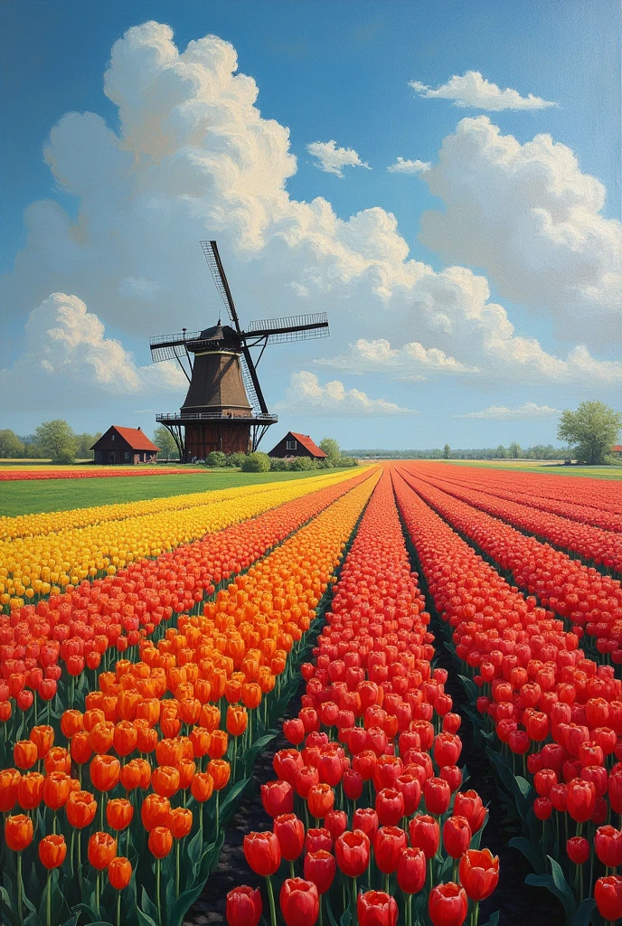 A masterpiece of canvas in the style of Claude Monet,Tulip fields in the Netherlands