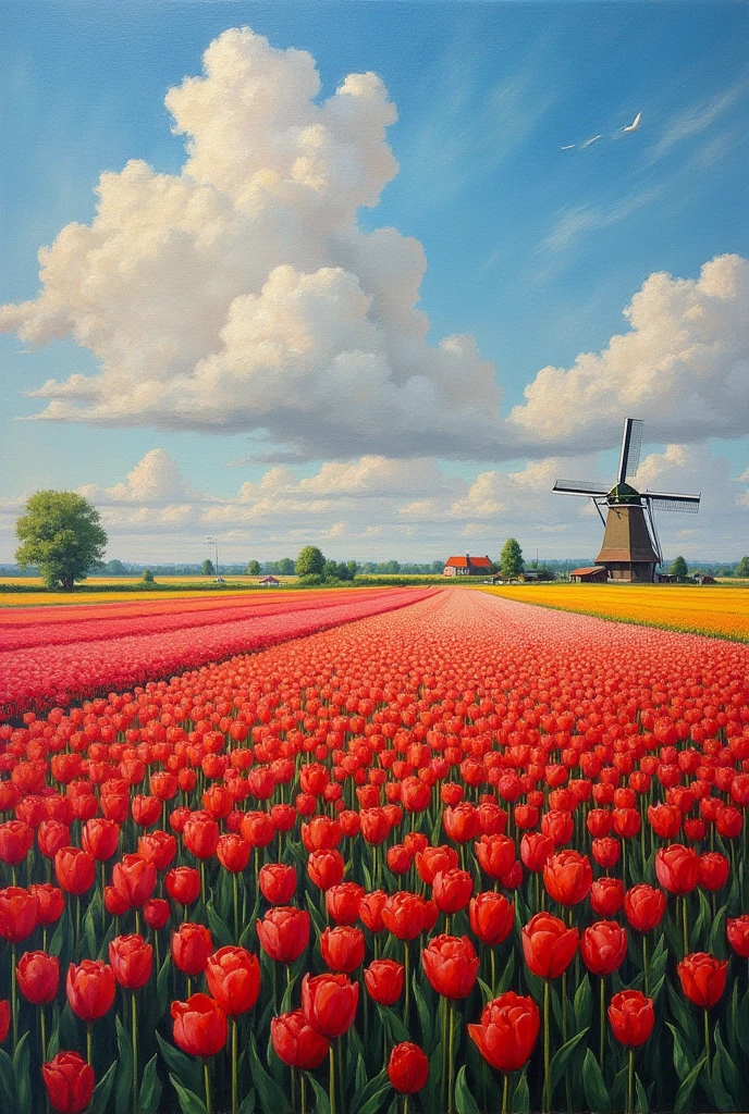 A masterpiece of canvas in the style of Claude Monet,Tulip fields in the Netherlands