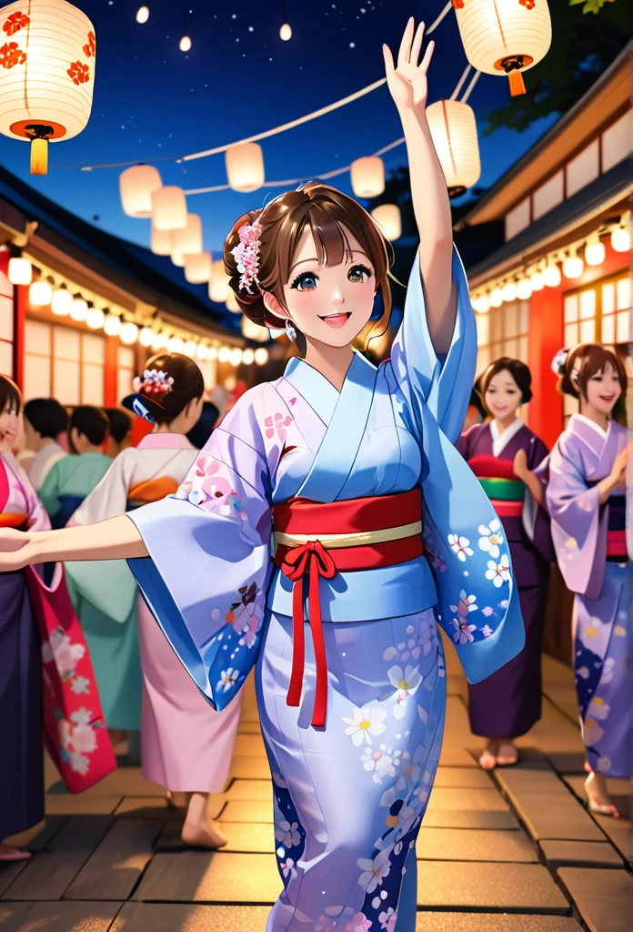 Highest quality、High resolution、Detailed Background、Teenage beauty、Detailed face、cute hair color、Bun Hair、Perfect body line、(Lively girl dancing at Bon Odori venue:1.5)、(Dancing with hands up high:1.5)、night、A Singer in a Yukata、Hold the microphone、Singing from the top of the tower、Festivals、Bon Odori venue、A big smile、Cute patterned yukata、dancing lively、Waving your hands back and forth、Waving your hands left and right、Coordinated hand and foot movements、Traditional Japanese summer festivals、Bon Odori is held at night, so lanterns and other lights are lit up, creating a fantastic atmosphere.、cute
