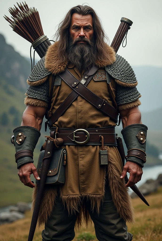 31 old man with a Brown beard, some face wrinkles, Brown long hair and Brown  eyes, good muscle definition, around 1,76 cm of height, wearing a simple scale mail two shortswords and a large bow with and quiver. An Explorer 