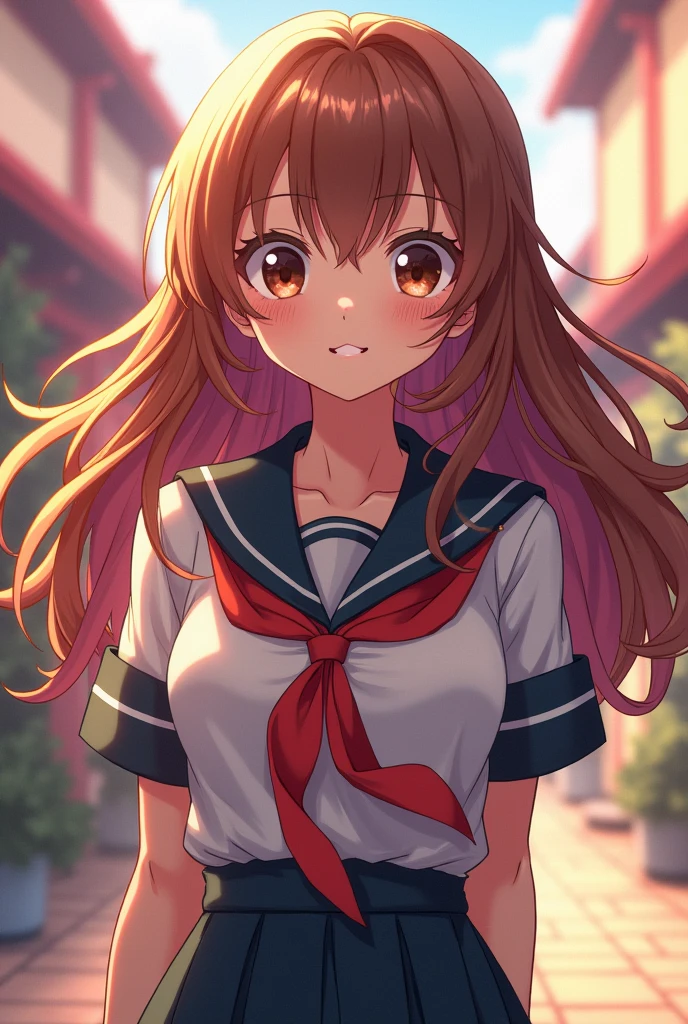 Boku no Hero Academia: girl with long wavy hair, brown with pastel pink tips, brown eyes and freckles, wears the Boku no hero uniform.