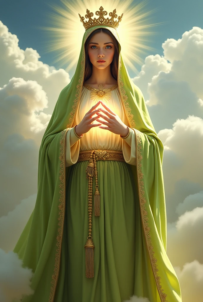 Perfect hand 5 finger, Portrait of a beautiful virgin mary wearing lime clothes of queen with the queen crown shining the light from her head and heart all over in the clouds, virgin mary, real blue eyes, sunny day, intricate details.real virgin mary, straight head face, Straight body.Prayer virgin mary, perfect full body, perfect hands finger,Prayer virgin mary, praying virgin mary backgrounds natural photographic