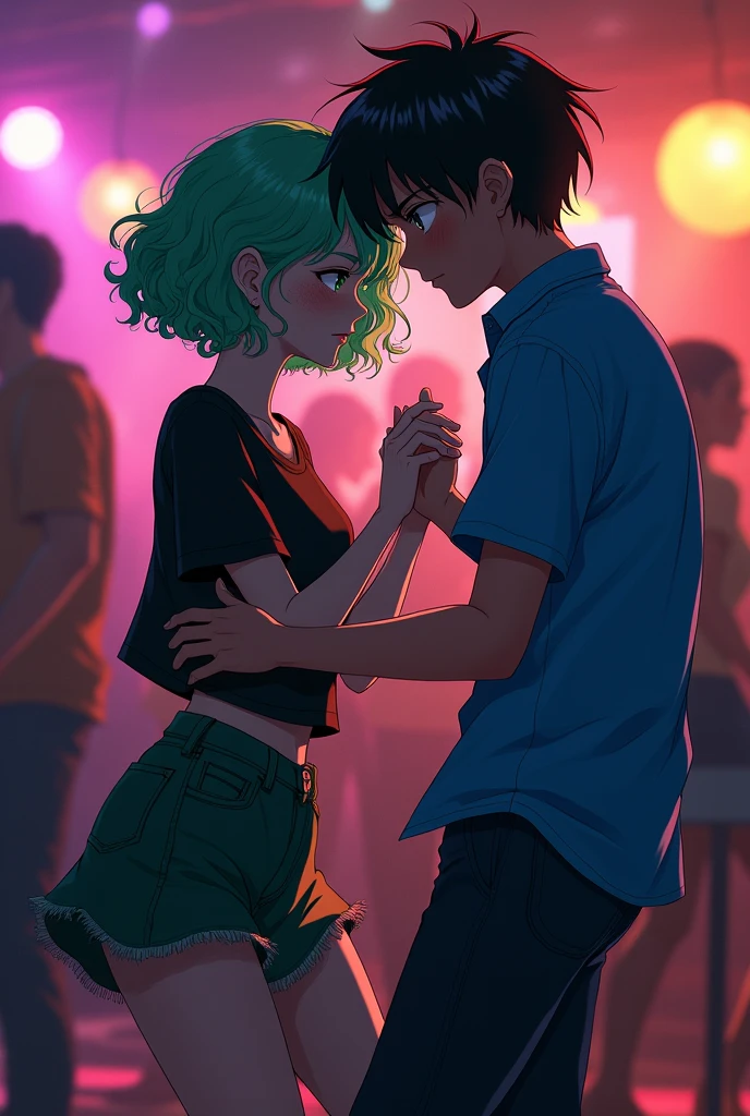 My hero academia Girl with short curly green hair,He has emerald green eyes, has freckles on his face, clear skin ,She is wearing a black t-shirt with dark green shorts and a skirt, She is in a night bar drunk dancing together with a guy with black hair and a blue shirt