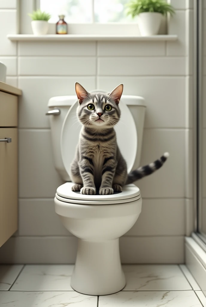 Create an image of a cat pooping in the toilet