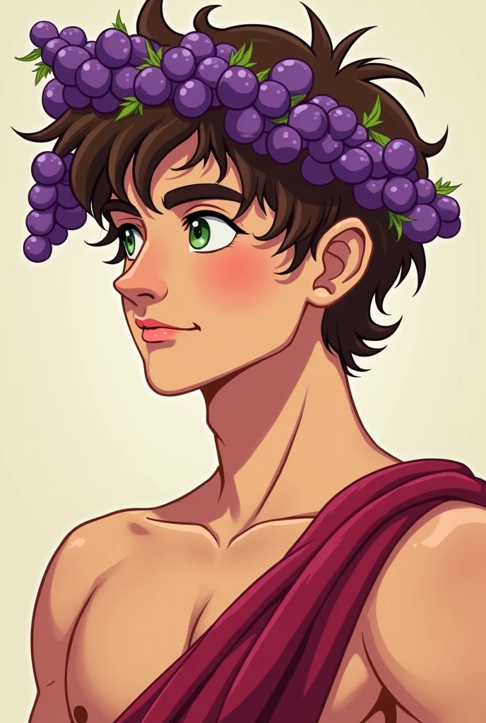 Cartoon God of wine Dionysus, young , thin face, Without beard, White skin ,green eyes ,thin but muscular, brown hair, with a crown of purple grape leaves, with an attractive profile pose ,with a tunic and bare chest