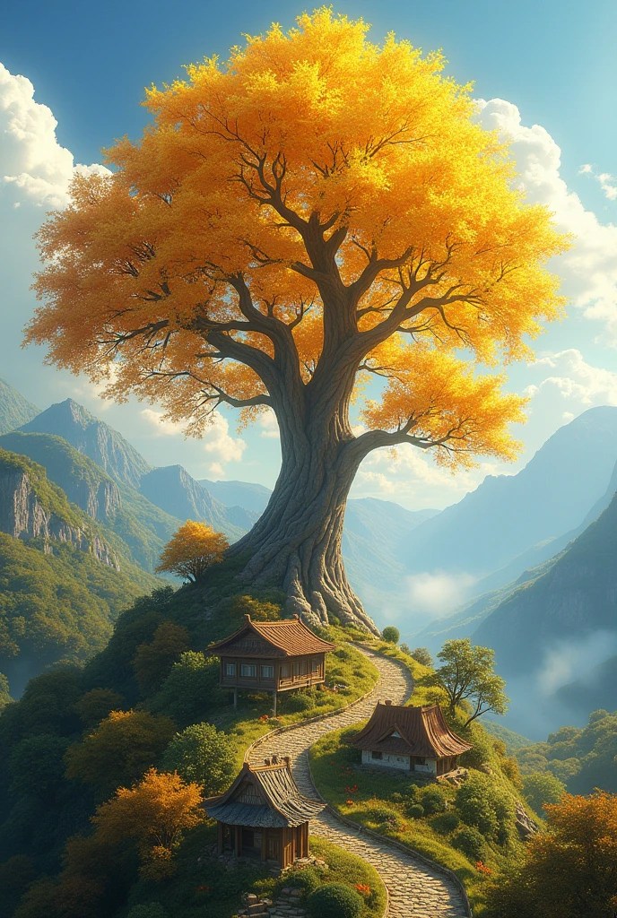 Golden tree on tha village mountain
