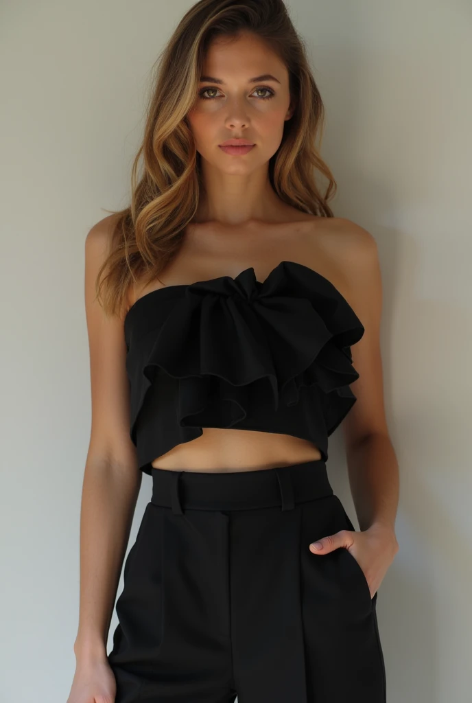 Black crop top that has a detail made with fabric that is on the chest, for example some pleats. little fabric