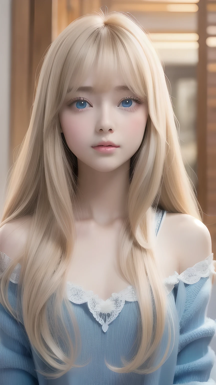 Crystal clear and shiny skin、Cute 13 year old with beautiful face、Very large, beautiful, bright, pale sky blue eyes、Very big eyes、Super long straight hair that shines in the light、Long, silky bangs that cover her cute eyes、Hair that hides sexy features、too long bangs、Sexy and cute young beauty、Super long natural young blonde hair with sparkling highlights Blonde over one eye Blonde over one eye、Blonde hair between the eyes
