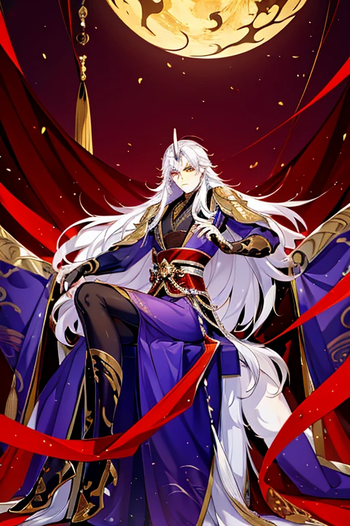 Perfect details, special details, top quality, handsome, domineering, serious, majestic, bad boy, solo, looking straight ahead, 1 male, long hair, white hair, yellow eyes, broad shoulders, well-balanced and toned body from years of training, black shirt, Hanfu with red dragon patterns and gold edges highlighting the aura of a leader, golden horns, sitting on a golden throne designed for someone above all others, behind the man is the image of a long Eastern dragon with interwoven purple and gold scales hovering behind him, looking at the viewer, the background is a Chinese-style pavilion hall, full-body drawing, posing alone, looking at the viewer. otherworldly landscape, best quality, 16k, masterpiece, detailed face drawing, detailed eye drawing, detailed body drawing, with two arms and two legs (two arms:1.4, two legs:1.4), manhua character.