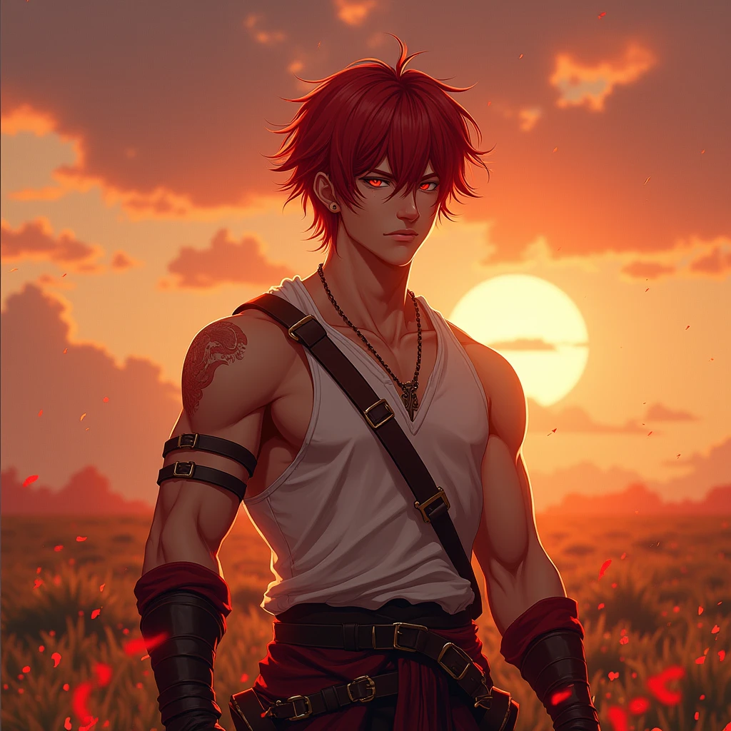 ((Masterpiece)) ((Ultra-detailed)) ((Fantasy)) An 19 years old boy,red tattoo, Red short hair, lean muscular figure, anime face, perfect muscle, shoulder, bicep, tricep, holding spear , lance , perfect art, Glowing red particle, at battlefield on sunset, demon back,ruined city, corpse
