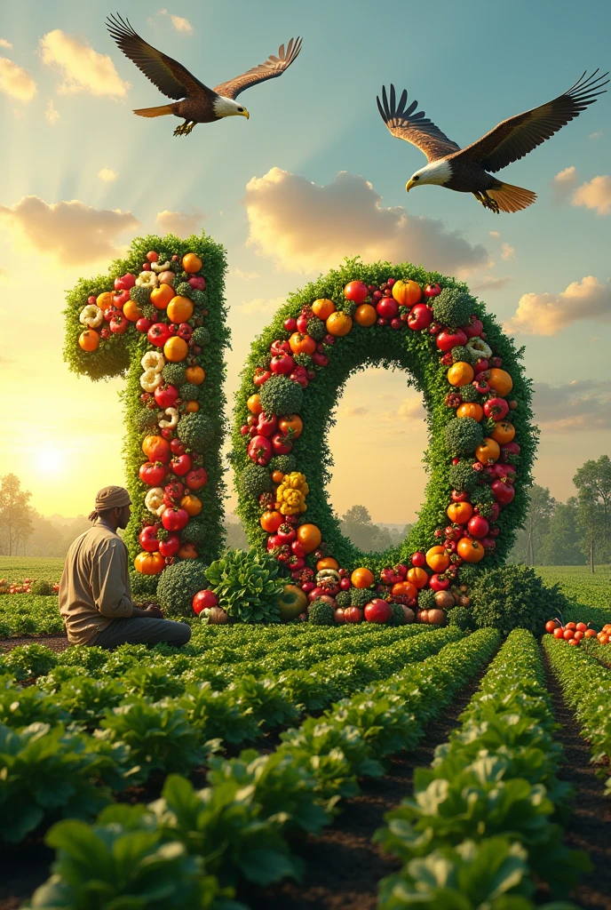 A beautiful Realistic 8k letter "RAJLAXMI MY DOOR" with vegetables Designed by farmer in biggest place  by growing vegetables and 2 eagles flting and farmer sitting on land picture took from top of farming land sunrise location 