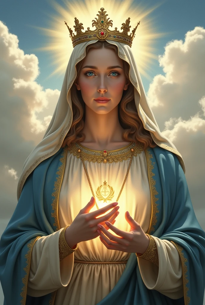 Perfect hand 5 finger, Portrait of a beautiful virgin mary wearing gray clothes of queen with the queen crown shining the light from her head and heart all over in the clouds, virgin mary, real blue eyes, sunny day, intricate details.real virgin mary, straight head face, Straight body.Prayer virgin mary, perfect full body,  perfect hands finger,Prayer virgin mary, praying virgin mary backgrounds natural photographic