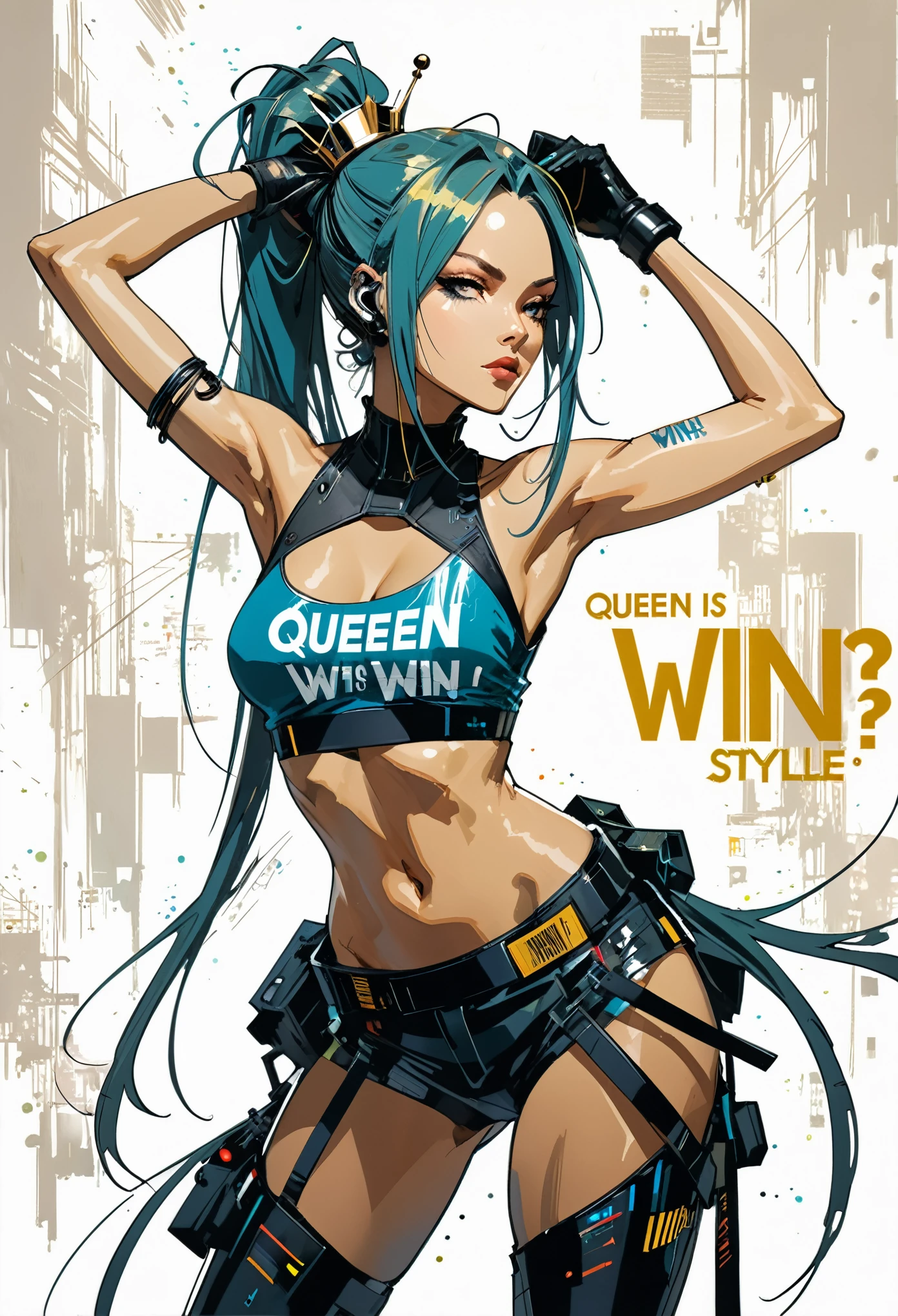 (with the text:"queen is win?":1.4),in style of ashley wood,in style of Hans Hartung,in style of  Carne Griffiths
1 girl,character concept design,arms up,incredibly long hair,high tied Ponytail,gravure_pose,cyberpunk,hip-hop style costumes