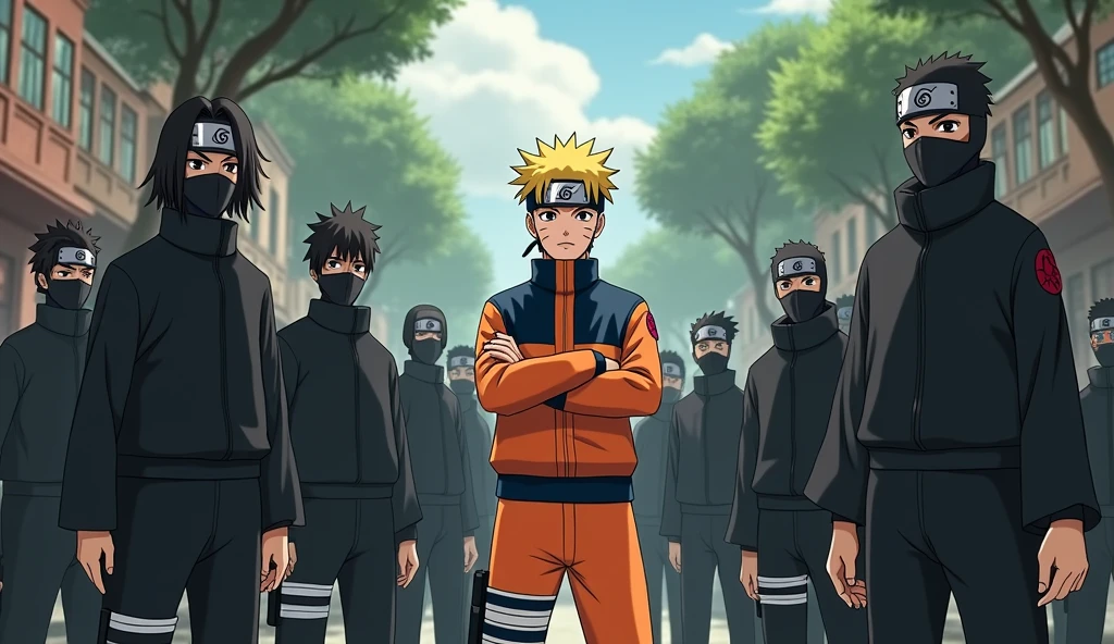 an army of ninjas in Konoha with Naruto at the center