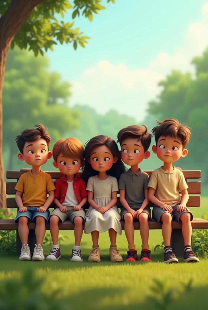 4boys with 1 girl sitting on a bench