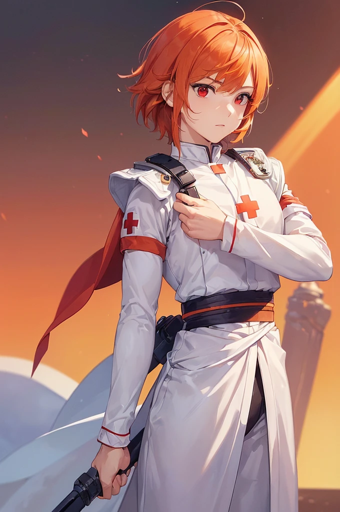 (((masterpiece; best quality: 1.2))), (finely detailed eyes: 1.3), ((1 young man)), ((solo)), (red eyes: 1.4), (body shape; lean, masculine: 1.3), (very short orange hair: 1.3), (beautiful and clear background: 1.2), ((depth of field)), (equipment: fantasy white adventurer medic long-sleeve uniform + armband with red cross: 1.3), (anime illustration: 1.2), (background composition; palace gardens + day: 1.1), (extremely fine and handsome: 1.1), (shot composition; standing + centered on face + bust close-up: 1.5), (facial expression; calm, stoic: 1.2)