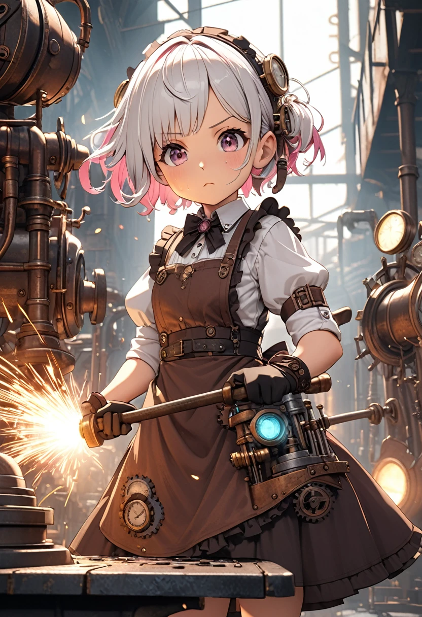 a cute little steampunk girl,extremely detailed steampunk mechanical body,short white hair with pink highlights,dirty steampunk apron,sweating and holding a hammer,forging hot iron on a metal table,sparks flying,old industrial steampunk factory background,many steampunk machine tools lined up,spewing steam,hard working girl,determined expression,cowboy shot,highest quality, best quality, 4k, 8k, ultra detailed, physically based rendering, steampunk style, cinematic lighting, fantasy