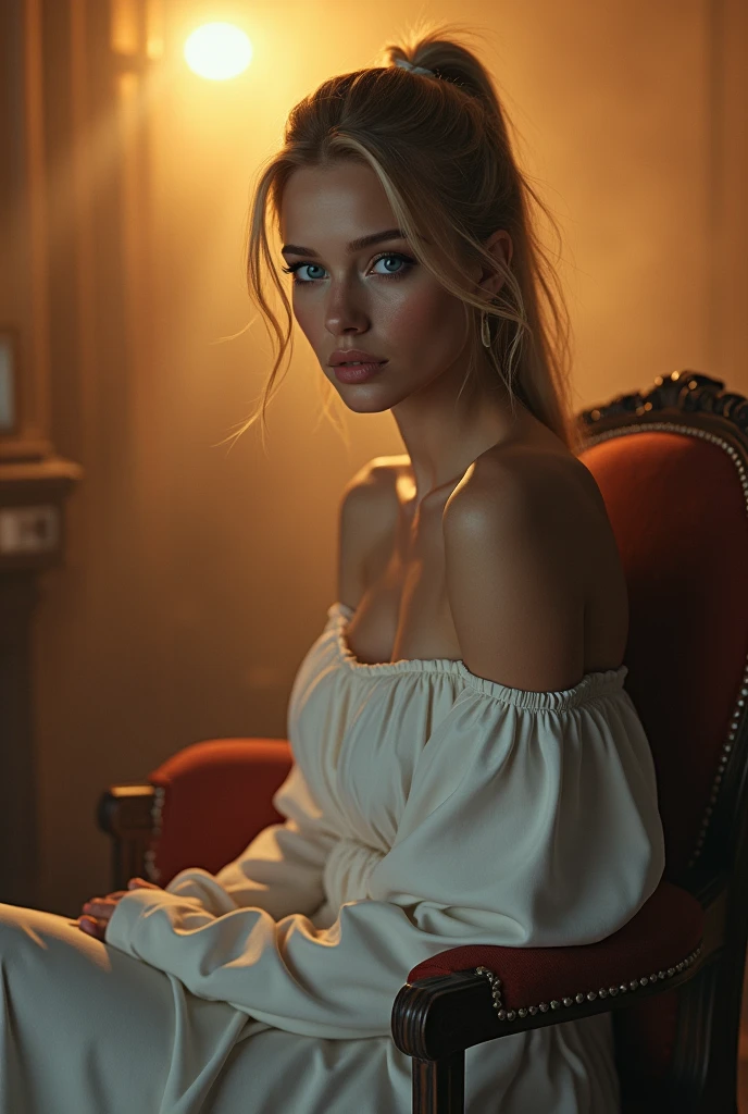 fantasy, mistery, warm foggy ambient, a beautiful woman, 38 years old with light blonde hair in a ponytail, sexy white dress, in a bedroom, sitting on a chair, detailed clothes, perfect size breasts, modeling expressions, beautiful blue eyes, 