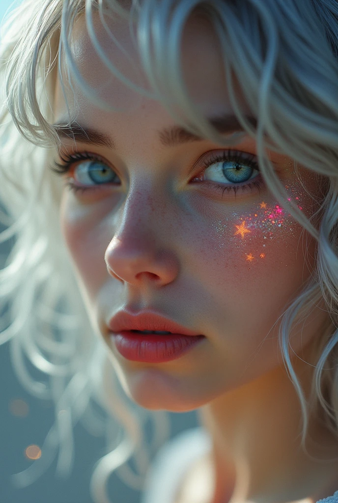 (Close-up of a better masterpiece:1.5)0.9], (beatch:1.2) (Messy silver hair:1.1) (Heterochromia xanthochromia and blue eyes:1.2) (brassiere:1.0) (Colored stars in the eyes:1.0) (A radiant glow:1.1) (thick lips:0.9)