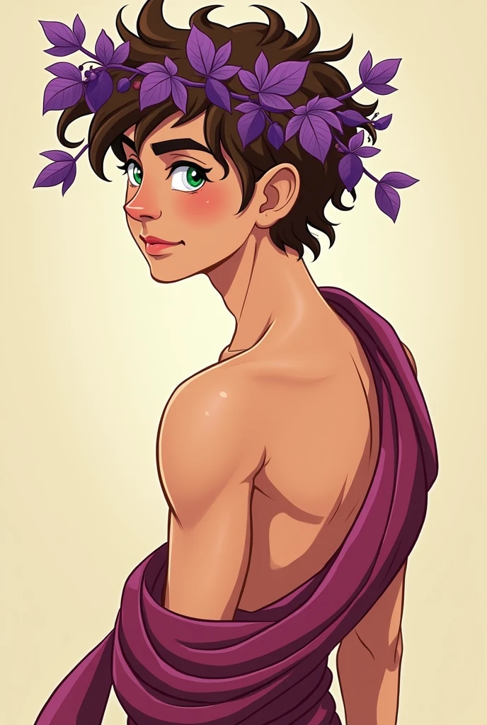 Cartoon God of wine Dionysus, young , thin face, Without beard, White skin ,green eyes ,thin but muscular, brown hair, with a crown of purple grape leaves, with an attractive profile pose ,with a tunic and bare chest