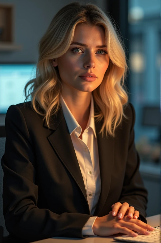 A beautiful woman, 35 years old with blonde hair, detailled eyes, nose, and lips, wear a professional outfit, Sitting in your office, with your computer, hp computer (best quality,4K,8k,highres,​masterpiece:1.2),Ultra-detail,(realisti,photorealisti,photo-realisti:1.37),HDR,studio lighting,Extremely detailed face and body, portrait,cinematic lighting,dramatic lighing,warm colors,dramatic colors