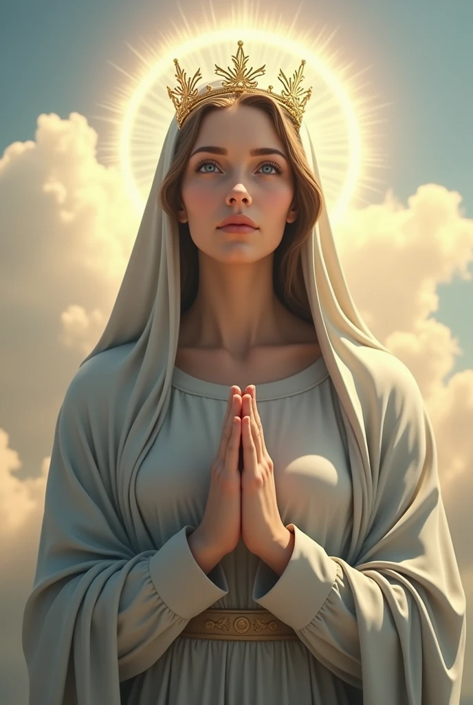 Perfect hand 5 finger, Portrait of a beautiful virgin mary wearing gray clothes of queen with the queen crown shining the light from her head and heart all over in the clouds, virgin mary, real blue eyes, sunny day, intricate details.real virgin mary, straight head face, Straight body.Prayer virgin mary, perfect full body, perfect hands finger,Prayer virgin mary, praying virgin mary backgrounds natural photographic