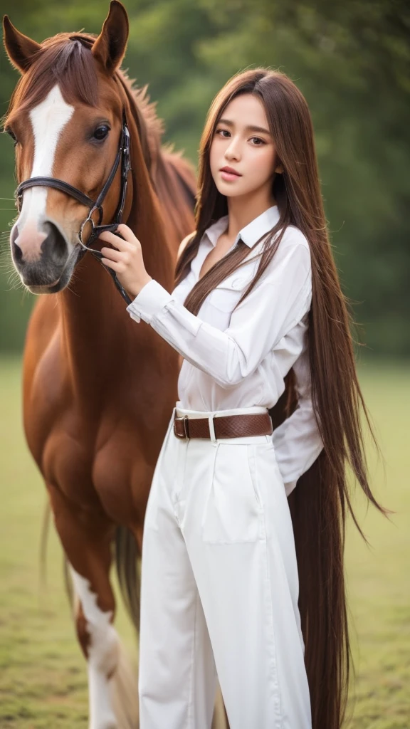 1girl, pants, shirt, outdoors, long_hair, white_shirt, solo, brown_hair, realistic, blurry, blurry_background, horse, black_pants, animal, long_sleeves, day, belt, lips, holding, brown_eyes