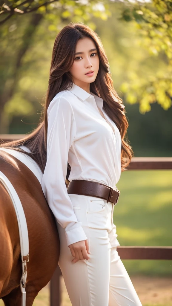 1girl, pants, shirt, outdoors, long_hair, white_shirt, solo, brown_hair, realistic, blurry, blurry_background, horse, black_pants, animal, long_sleeves, day, belt, lips, holding, brown_eyes