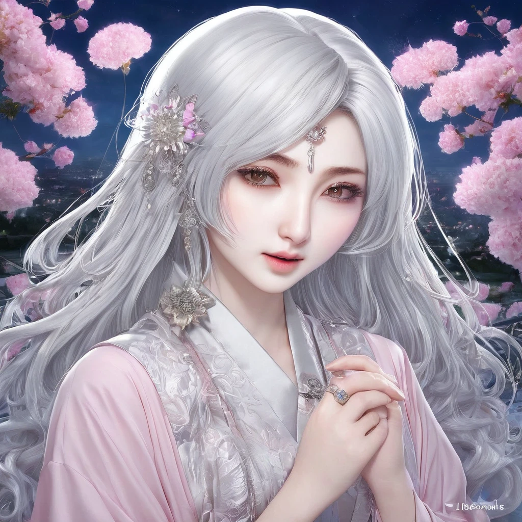 Masterpiece, Superb Girl, Night Moon Full Moon, 1 Female, Mature Woman, Sister, Royal Sister, Cold Face, Expressionless, Silver-White Long-Haired Woman, Light Pink Lips, Calm, Intellectual, Three-banded Gray Eyes, Assassin Short Knife, Flower Ball Background, Hand Details, Finger Details, Facial Details, Eye Details,
