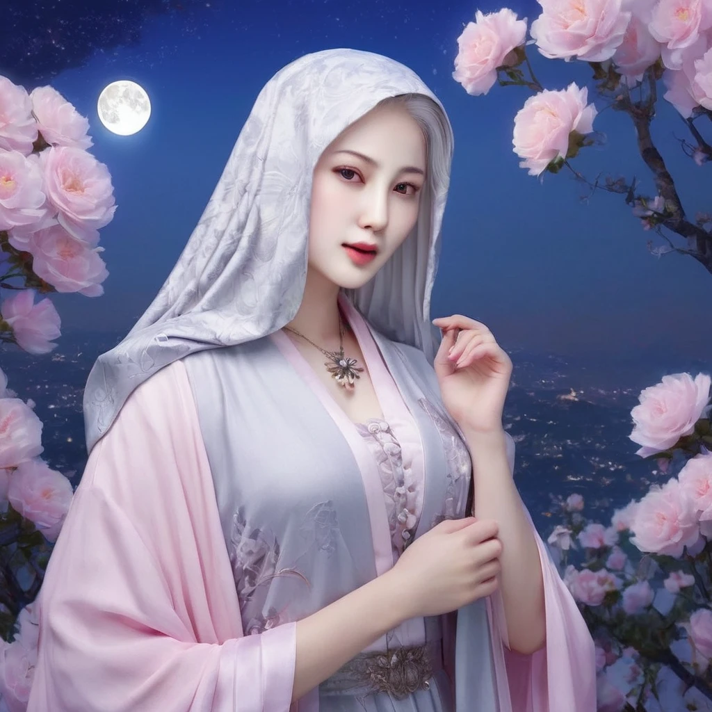 Masterpiece, Superb Girl, Night Moon Full Moon, 1 Female, Mature Woman, Sister, Royal Sister, Cold Face, Expressionless, Silver-White Long-Haired Woman, Light Pink Lips, Calm, Intellectual, Three-banded Gray Eyes, Assassin Short Knife, Flower Ball Background, Hand Details, Finger Details, Facial Details, Eye Details,