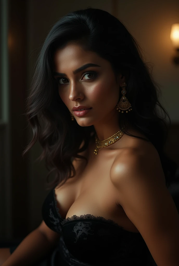 An indian actress full body picture sitting and showing her cleavage to the producer