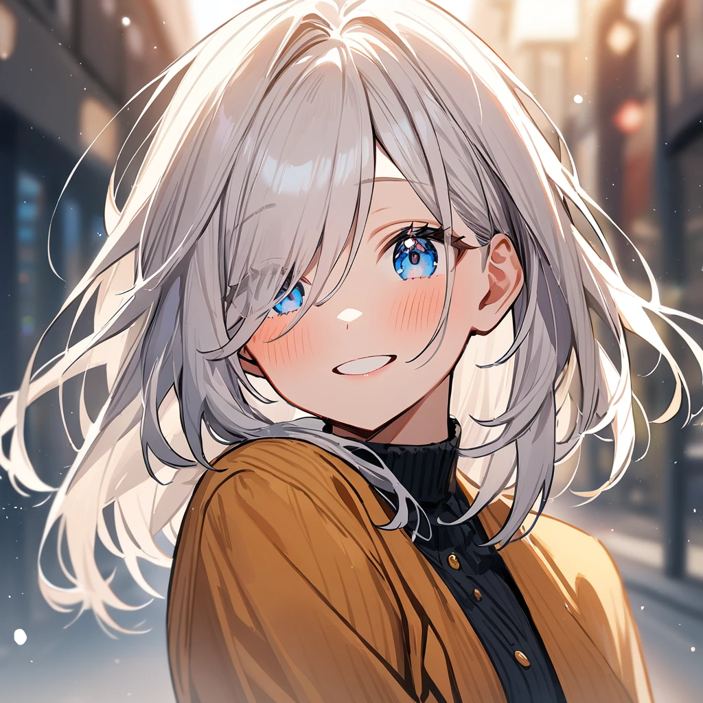 1girl,Whitehair,darkblueeyes,Whiteandblueeyes,girl,Happy,hair over one eyes